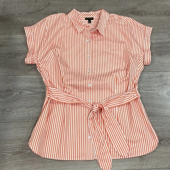 NWT Talbots Tie Waist Button Front Striped Orange and White Short Sleeve Top M - Picture 9 of 16